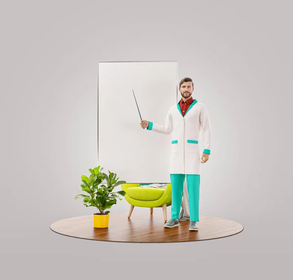 Unusual Illustration Young Male Doctor Pointing Flip Chart Doctor Demonstrating — Stock Photo, Image