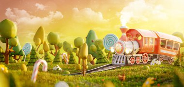 Sihirli ormandaki inanılmaz sevimli küçük tren. Sıra dışı 3D illüstrasyon kartpostalı. Çocukluk kavramı