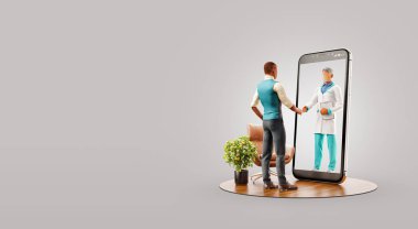 Akıllı telefon ekranının önünde durup doktoruyla tokalaşan bir adam. Sağlık hizmeti akıllı telefon uygulamaları. Çevrimiçi tıbbi danışmanlık ve destek konsepti. Alışılmadık 3d illüstrasyon