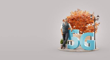 5G işaretinin yanında duran adam. Yüksek hızlı internet 5G standart kablosuz sinyal iletim teknolojisi. Alışılmadık 3d illüstrasyon