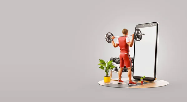 Young Man Gym Doing Squats Barbell Front Smartphone Using Smart — Stock Photo, Image