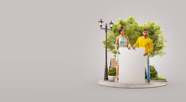 Casal Jovens Segurando Uma Tábua Branca Vazia Parque Dia Verão — Fotografia de Stock