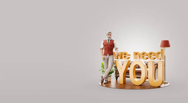 Attractive young man standing at phrase we need you. Head hunter. Recruiting and hiring concept. Unusual 3d illustration
