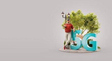 5G işaretinin yanında duran ve baş parmağını kaldıran adam. Yüksek hızlı internet 5G standart kablosuz sinyal iletim teknolojisi. Alışılmadık 3d illüstrasyon