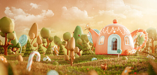 Cute little fairy house in shape of teapot in the magical forest. Unusual 3d illustration postcard. Childhood concept