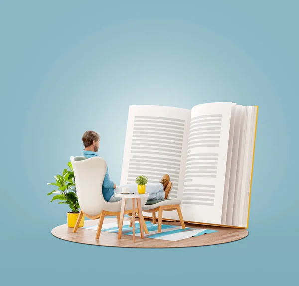 若い男の珍しい3Dイラストは 自宅のアームチェアに座って本を読みます 読書と教育の概念 — ストック写真