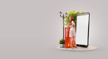 Kredi kartı olan genç bir kadın akıllı telefonun başında duruyor ve ödeme için akıllı telefon başvurusu yapıyor. Çevrimiçi ödeme kavramı. Alışılmadık 3d illüstrasyon