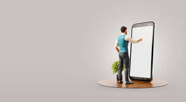 オフィスの大きなスマートフォンの前に立って スマートフォンの画面に触れる若い男 スマートフォンアプリのコンセプト 珍しい3Dイラスト — ストック写真