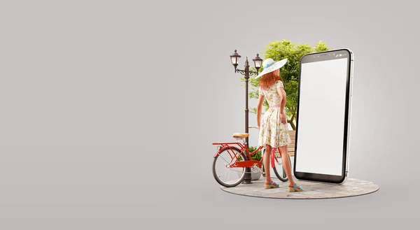 Ładna Kobieta Letniej Sukience Stoi Przed Smartfonem Używa Aplikacji Smartfony — Zdjęcie stockowe
