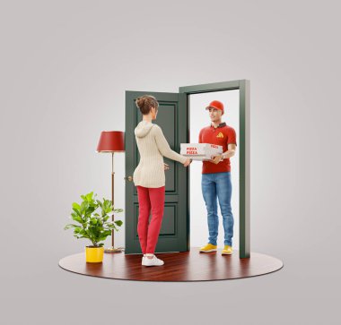 Genç bayan, kapıdaki kuryeden pizza alıyor. Yemek dağıtım servisi. Pizza teslimatı. Alışılmadık 3d illüstrasyon