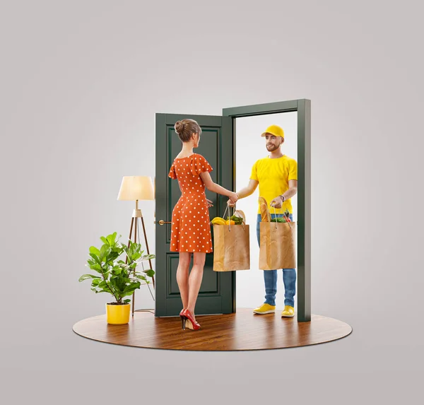 Unusual 3d illustration of a woman receiving shopping bags with fresh food from courier at the door. Food delivery service. Online shopping