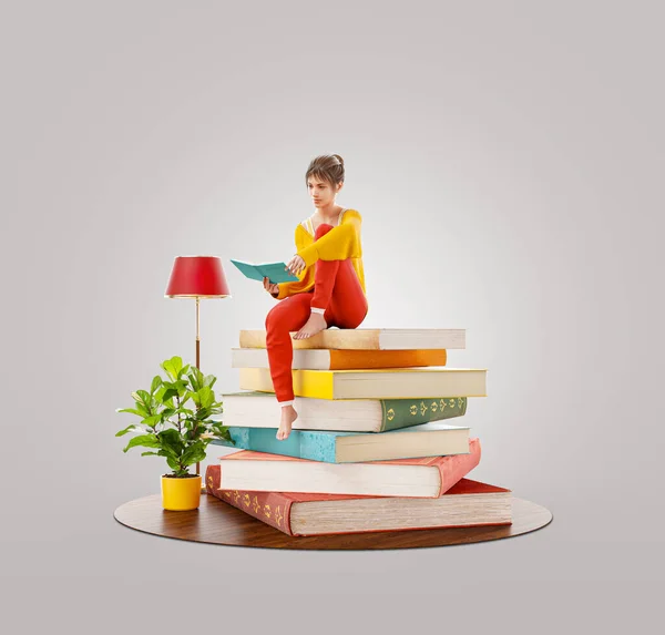 Mooie Vrouw Leest Zittend Een Stapel Boeken Lees Onderwijsconcept Ongebruikelijke — Stockfoto