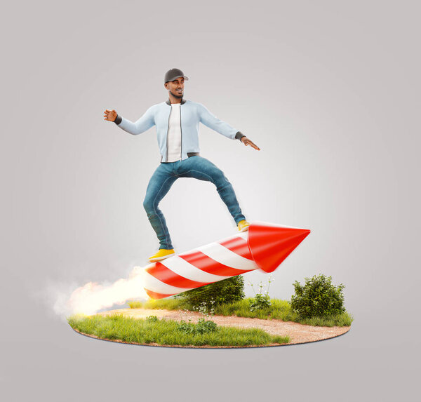 A man riding on a firework rocket. Startup concept. Events and celebrations conceptual illustration. Unusual 3d illustration
