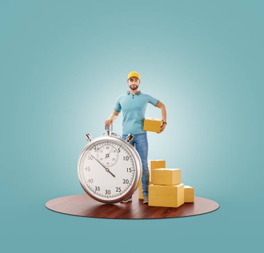 Elinde kronometre zamanlayıcısı olan bir teslimatçının alışılmadık üç boyutlu çizimi karton kutu tutuyor. Teslimat ve posta konsepti. Çevrimiçi alışveriş ve ekspres teslimat .