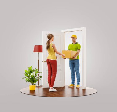 Kapıdaki kuryeden karton kutu alan bir kadının alışılmadık 3D çizimi. Teslimat ve posta konsepti.
