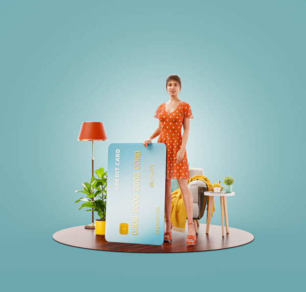 Unusual 3d illustration of a smiling young female with credit card at her home. Payment online concept.
