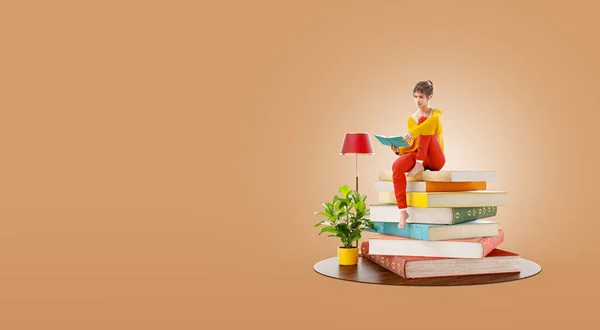 若いきれいな女性は本の山の上に座って読む 読書と教育の概念 珍しい3Dイラスト — ストック写真