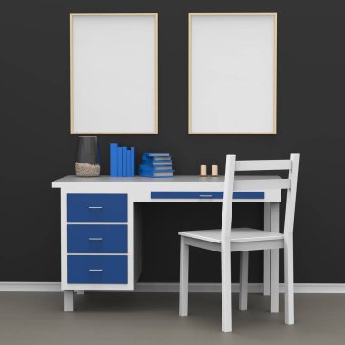 Modern ev dekorasyonu mock-up. Tablonun üst posterler. 3D İllüstrasyonu.