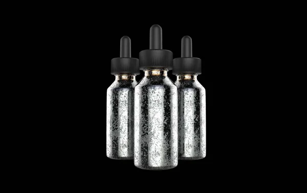 Flüssigflasche für E-Zigaretten auf schwarzem Hintergrund. vape. 3D-Illustration. — Stockfoto