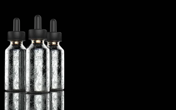 E-sigaretten Liquid fles op zwarte achtergrond. Vape. 3D illustratie. — Stockfoto
