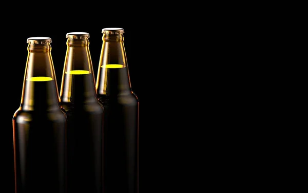Närbild av flaskor öl på en svart bakgrund. 3D illustration. — Stockfoto