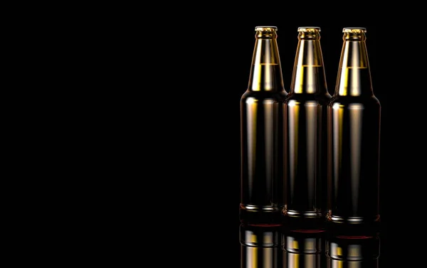 Feche garrafas de cerveja em um fundo preto. ilustração 3d . — Fotografia de Stock