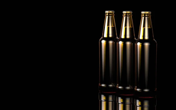 Close up bottles of beer on a black background. 3d illustration. — Stock Photo, Image