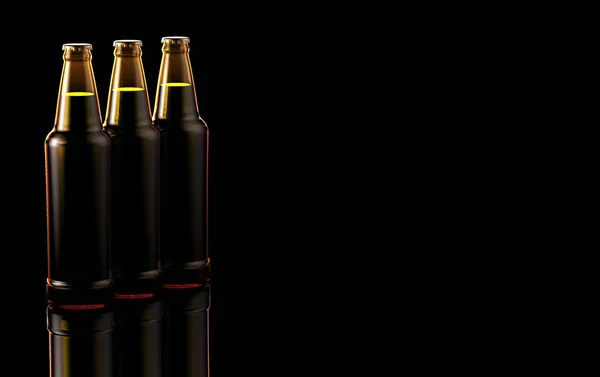 Close up bottles of beer on a black background. 3d illustration. — Stock Photo, Image