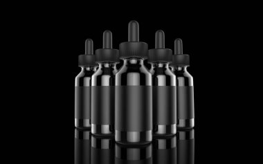 E Sigara sıvı şişe siyah arka plan üzerine. Vape. 3D çizim.