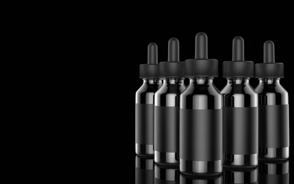 E cigarety tekuté láhev na černém pozadí. VAPE. 3D obrázek. — Stock fotografie