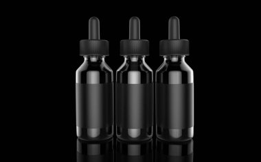 E Sigara sıvı şişe siyah arka plan üzerine. Vape. 3D çizim.