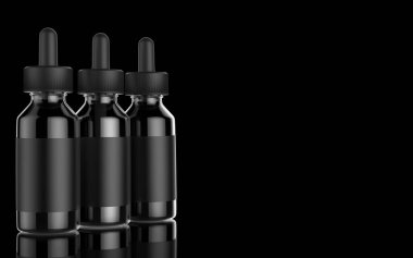 E Sigara sıvı şişe siyah arka plan üzerine. Vape. 3D çizim.
