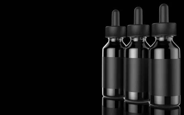 Flüssigflasche für E-Zigaretten auf schwarzem Hintergrund. vape. 3D-Illustration. — Stockfoto