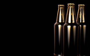 Siyah bir zemin üzerine bira şişesi. 3D çizim.