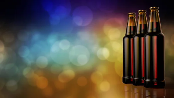 Bottles of beer on a bokeh background. 3d illustration. — Stock Photo, Image