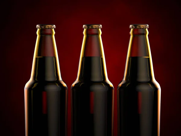 Bottles of beer on a red background. 3d illustration. — Stock Photo, Image