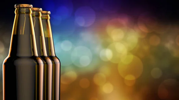 Bottles of beer on a bokeh background. 3d illustration. — Stock Photo, Image