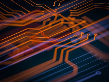 Devre levhasını fütüristik sunucu kod işleme. Turuncu, yeşil, mavi teknolojik altyapı ile bokeh. 3D çizim