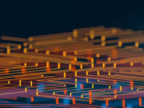 Πλακέτα κυκλώματος φουτουριστικό διακομιστή κώδικα επεξεργασίας. Τεχνολογία πορτοκαλί, μπλε φόντο με το bokeh. 3D απεικόνιση — Φωτογραφία Αρχείου