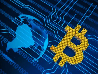 bir devre ve dünya bitcoin sembolü oluşturmak için inşa küçük metal küpleri rasgele bir düzende kavramı. 3D render