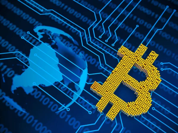 bir devre ve dünya bitcoin sembolü oluşturmak için inşa küçük metal küpleri rasgele bir düzende kavramı. 3D render
