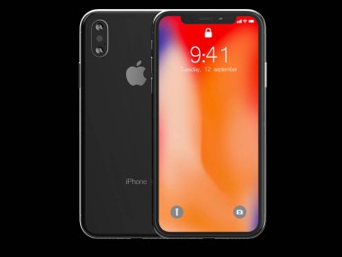 Ekaterinburg, Rusya Federasyonu - 14 Eylül: Apple Inc logolu görsel içerik görüntü, siyah bir zemin üzerine siyah iPhone X 3d Render.