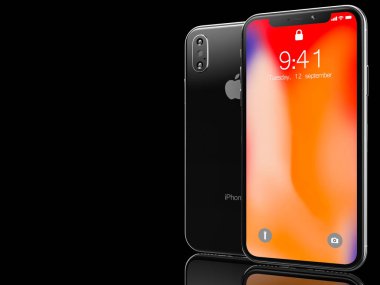 Ekaterinburg, Rusya Federasyonu - 14 Eylül: Apple Inc logolu görsel içerik görüntü, siyah bir zemin üzerine siyah iPhone X 3d Render.