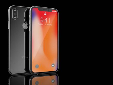 Ekaterinburg, Rusya Federasyonu - 14 Eylül: Apple Inc logolu görsel içerik görüntü, siyah bir zemin üzerine siyah iPhone X 3d Render.