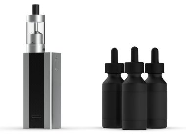 Vaping mod e-cig tank atomizer ve suyu şişe ile. 3D çizim.