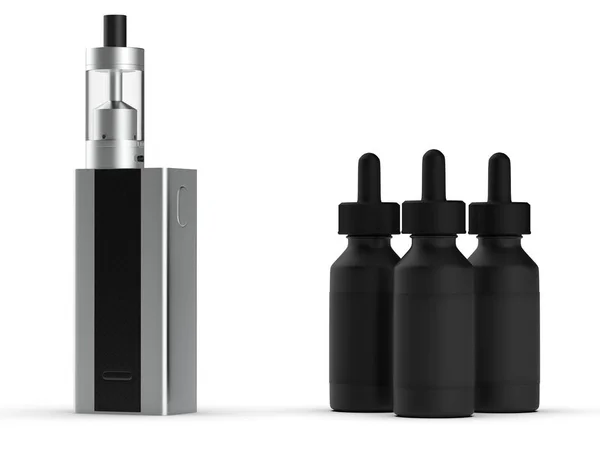 Vaping Mod e-cig mit Tankzerstäuber und Saftflaschen. 3D-Illustration. — Stockfoto