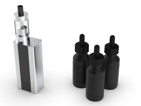 Vaping mod e-cig tank atomizér a šťáva lahvemi. 3D obrázek. — Stock fotografie