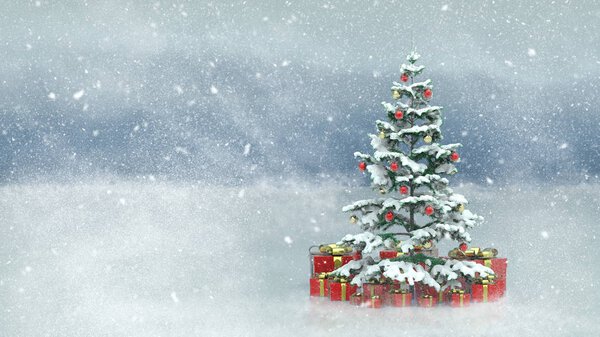 Красивая украшенная елка с красными коробками подарков в снежном зимнем пейзаже
