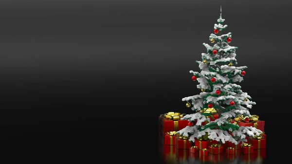 Krásné zdobené vánoční strom s červeným současné pole v černém pozadí — Stock fotografie