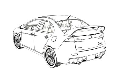 Sedan Mitsubishi Evolution X kroki. 3D çizim.